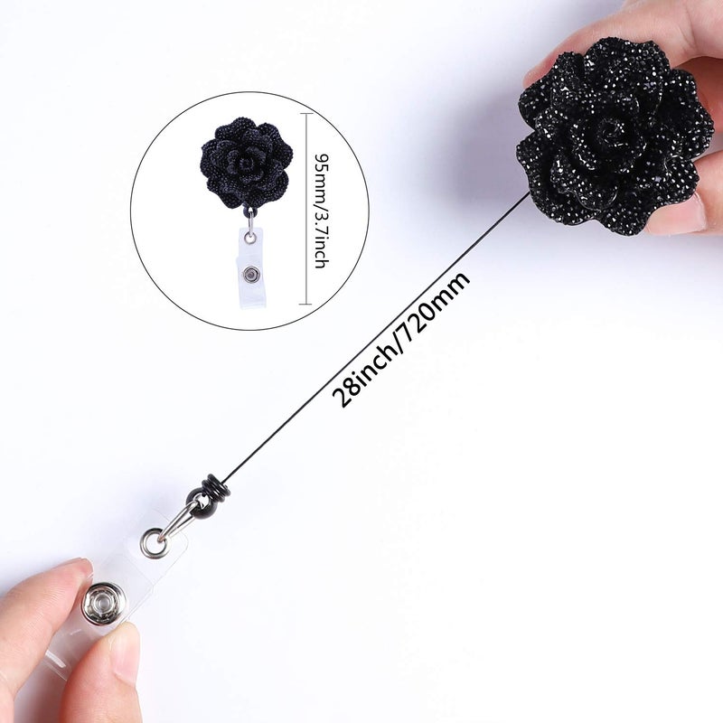 Soleebee 28'' Retractable Badge Reel, Bling Bling Rose Nurse ID Badge Holder Reel with Belt Clip - Black - Image 3